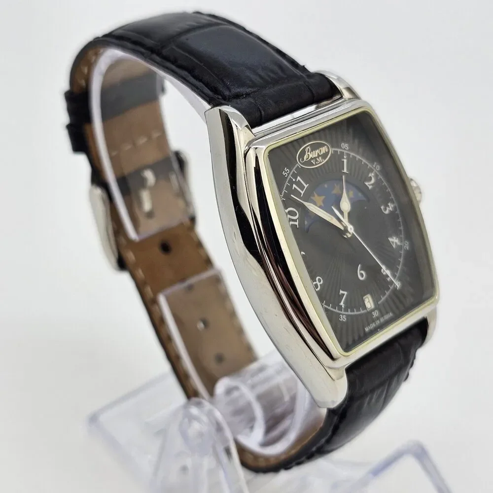 Buran Moonphase‎ Mechanical Watch 34MM Black Dial Leather Bands Limited Edition